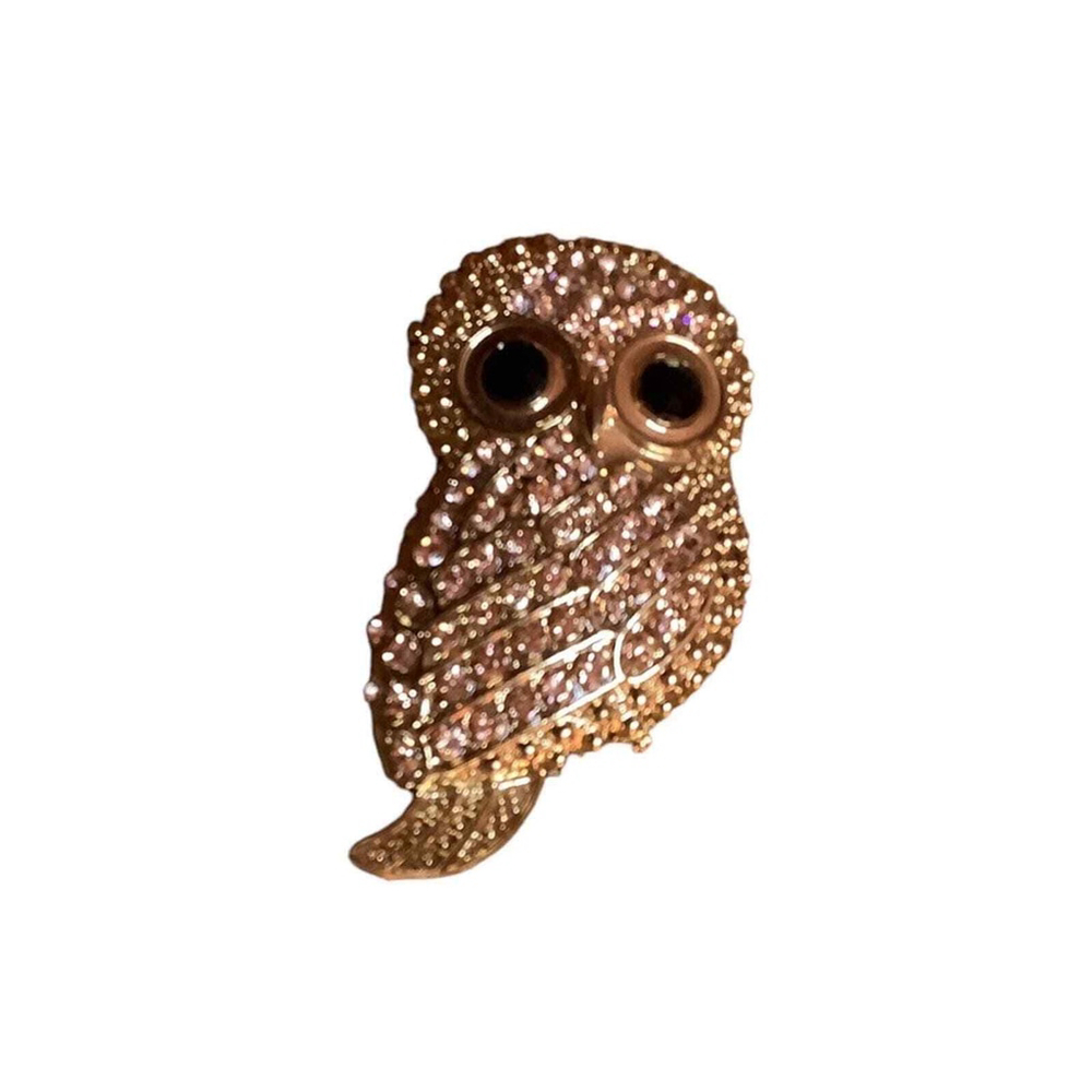 Precious Vintage Owl Brooch Rhinestone Pin Black Glass Eyes Pink Gold 2” Lovely